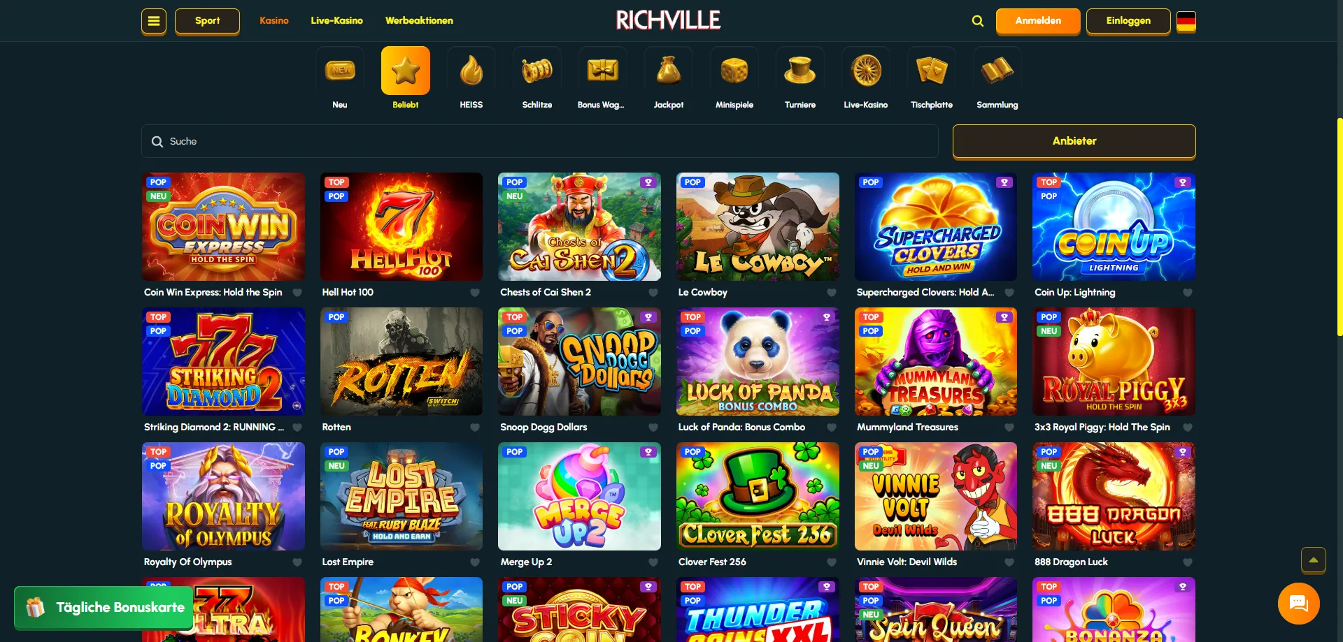 Über 7.500 Casino-Spiele bei Richville — Slots, Tischspiele, Live-Casino